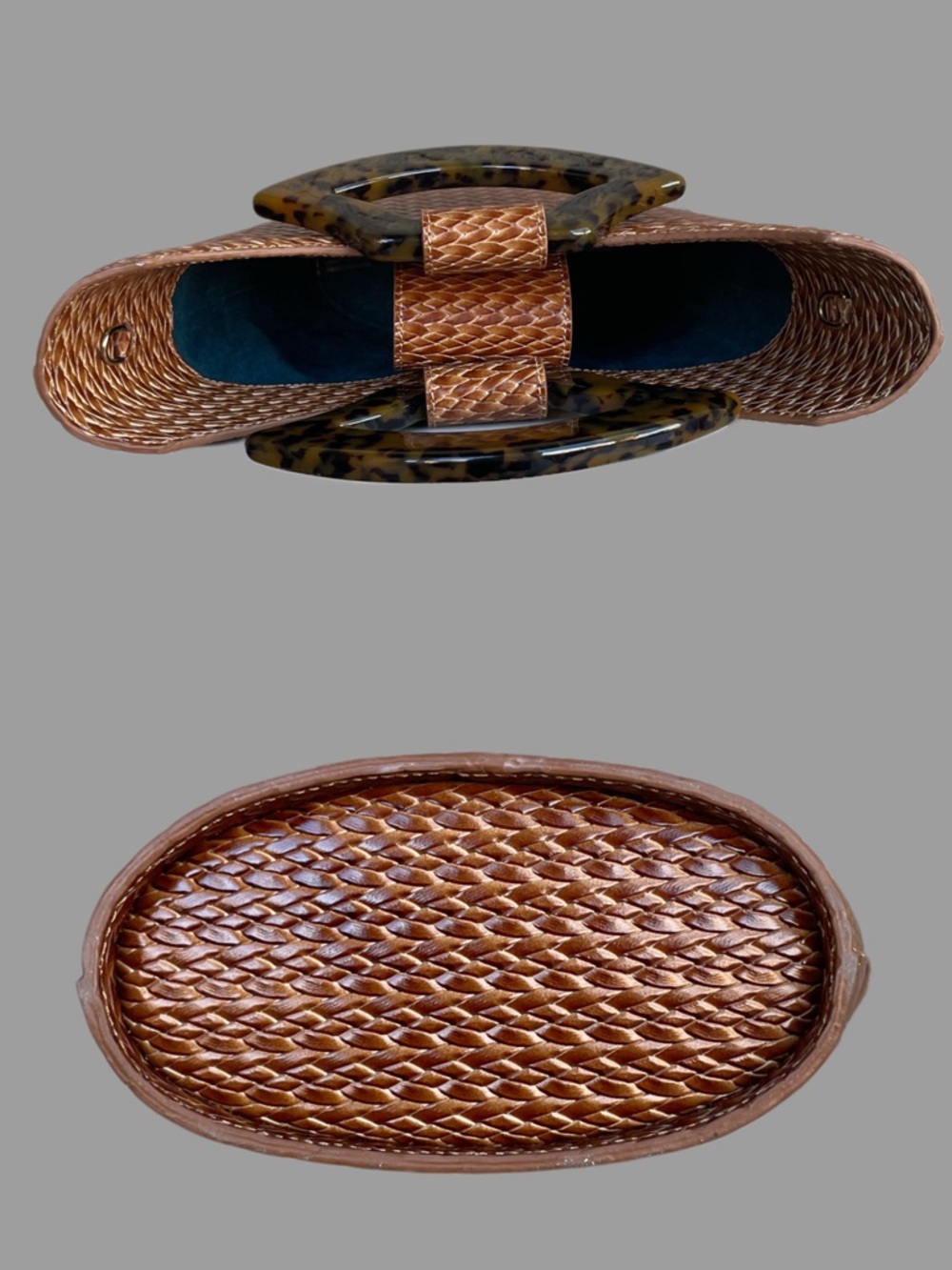 USISI SISTER Brown Woven Leather Tortoise Resin Handle Rollo Bucket Tote Bag - Picture 14 of 15